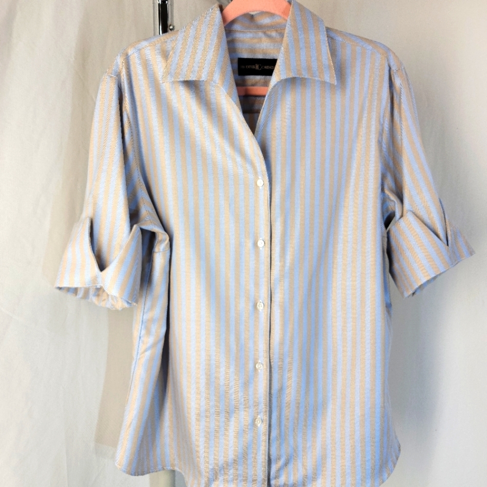 Brodeur Carvell Pale Blue and Tan Striped Dress Shirt, Women's,  no size